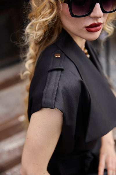 black shoulder wrap top structured